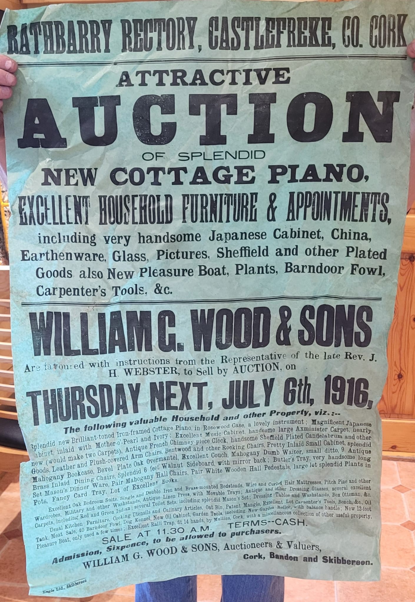 One of several Auctioneers posters found in the walls of the bungalow during demolition in 2024.